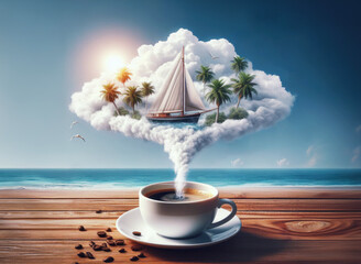 Dreaming of good vacation things over a cup of coffee. Building air castles. The concept of beautiful fantasies about having your own yacht