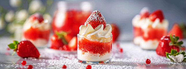 Strawberry Shortcakes with Whipped Cream on White Backdrop
 - obrazy, fototapety, plakaty