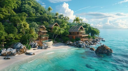 Obraz premium Beach huts on a tropical island with palm trees and white sand.