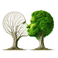 Two trees shaped as a human head attracted together as a devoted loving couple with kissing lips for a healthy passionate relation. Support a sick partner with a healthy partner - love therapy