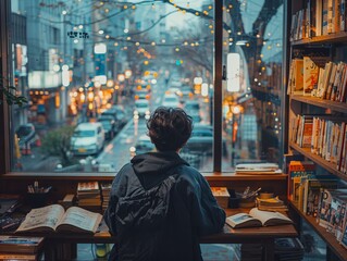 Naklejka premium A reflective moment of a solitary figure immersed in reading in a cozy bookstore with the soft glow of city lights outside
