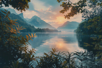Tranquil sunrise over misty lake and mountains with green foliage in foreground