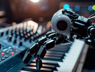 A robotic hand playing a keyboard with a blurred background