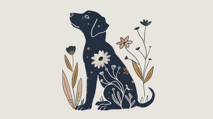Folk Art Inspired Side View of a Sitting Dog with Flowers Generative AI - obrazy, fototapety, plakaty