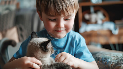 A smiling boy in a blue T-shirt enjoys tender moments with his pet Siamese cat. The concept of love for animals, people’s attitude towards animals, feeding and caring for them