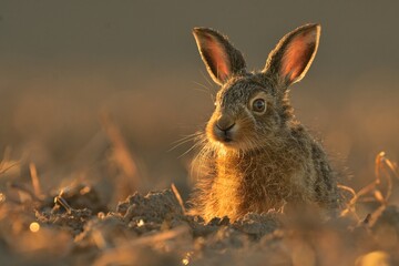 Lepus europaeus European hare cute darling young brown field meadow animal in nature, draw near village, runs fast, cubs beautiful eyes caress, agricultural landscape, food crop harvest Europe