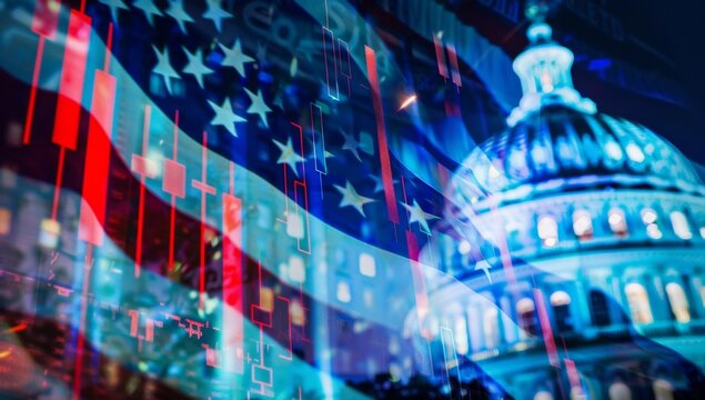 A stock market graph with red and green candles on the left side of an American flag in front of The White House, double exposure photography with motion blur and a blurred background Generative AI
