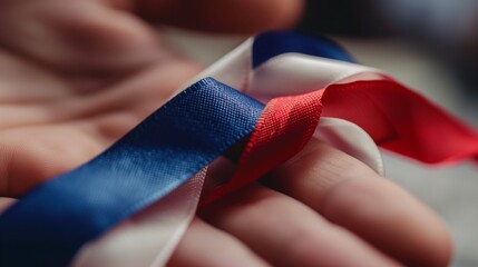 ribbon close-up with the colors of the French flag on the palm