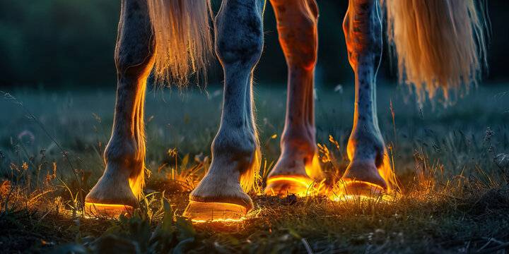 Equine Laminitis: The Hoof Pain and Reluctance to Bear Weight - Imagine a horse with highlighted hooves showing inflammation, experiencing hoof pain and reluctance to bear weight,