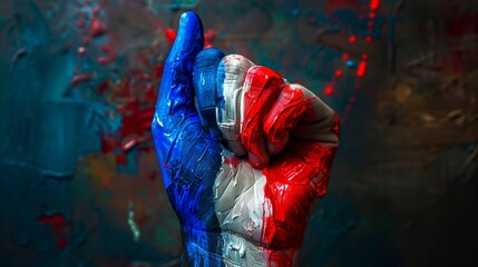 A man's fist is painted in the colors of the French flag on a dark background. France power concept.