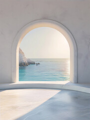Minimalist render of curved archway with bright seascape view beyond in light blue and beige tones, evoking tranquility and serenity.