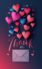 Thank you card with colorful hearts in pink , blue and red, appreciation, love, gratitude and  celebration concept 