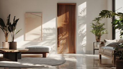 nowoczesna elegancka luksusowa i minimalistyczna ściana z drzwiami drewnianymi  - obrazy, fototapety, plakaty