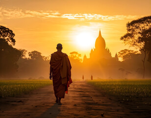 Golden Solitude: A Monk's Journey for Dharma at Sunset