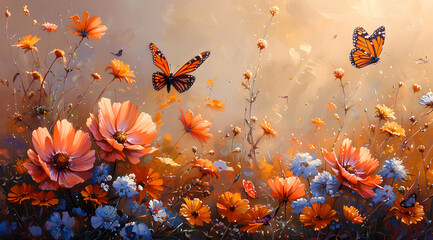 Misty Morning Tranquility: Serene Oil Painting of Dew-Kissed Flowers and Butterflies - obrazy, fototapety, plakaty