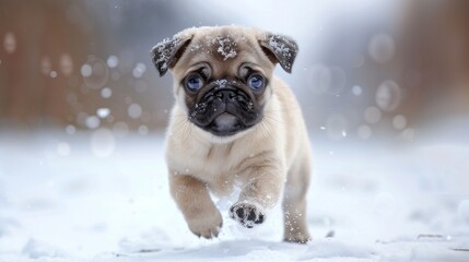 A small brown and white pug Charles Spanie puppy is running through the snow