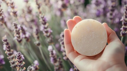 A hand holding a homemade soap or solid shampoo round bar with lavender flowers. Outdoor background.