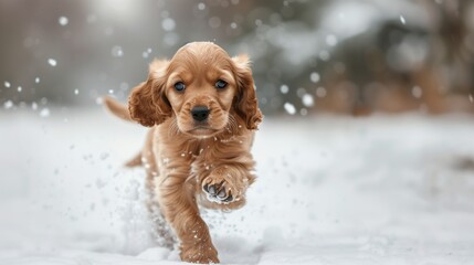 A small Cocker Spaniel Charles Spanie puppy is running through the snow