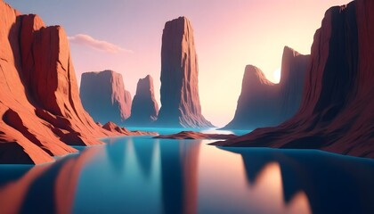 3d render, futuristic landscape with cliffs and water. Modern minimal abstract background....