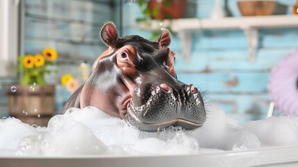 Funny hippo is in a bathtub with foam and bubbles, bathing time, indoor background.
