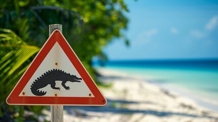 Red triangle warning sign with, beware of crocodile. Tropical beach portrait. Summer vacation outdoor background.