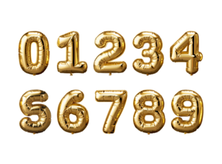 Set of golden foil balloon numbers from zero to nine isolated on white or transparent background, png clipart, design element. Easy to place on any other background.
