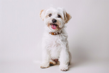 Studio portrait of adorable small white dog with brown eyes and collar looking at camera with open mouth and pink tongue sticking out against pale gray background in minimalist pet photography style