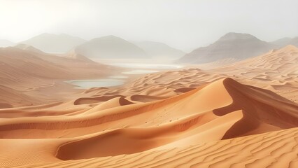 Fototapeta na wymiar Desert landscape with dunes sand heat mirages and occasional oases. Concept Desert Landscapes, Sand Dunes, Heat Mirages, Oases, Arid Terrain