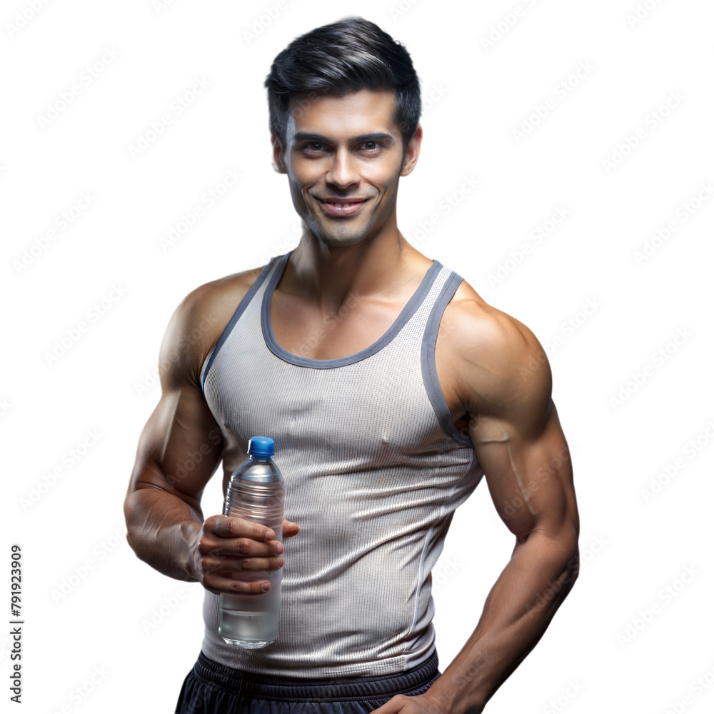 Wall mural Fit young man holding a water bottle on a transparent background