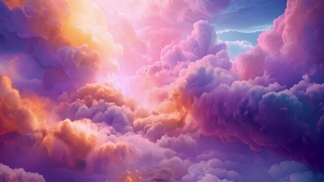 Ethereal background of formations of pink clouds and twinkling stars with copy space, colored sugar cotton fluffy clouds. Magic amazing colorful landscape in the sky. Fantasy unicorn colors moving 4k