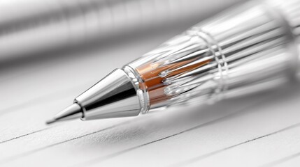 A close up of a silver pen with an orange tip, AI - Powered by Adobe