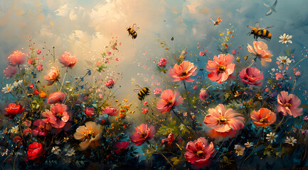 Tranquil Garden Symphony: Serene Oil Painting of Pastel Flowers and Garden Creatures - obrazy, fototapety, plakaty