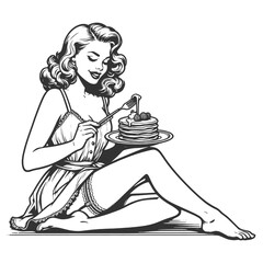 pin-up girl with delicious stack of pancakes sketch engraving generative ai fictional character vector illustration. Scratch board imitation. Black and white image. - 791924313