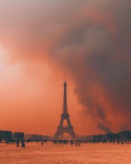 Global Warming Reality: Eiffel Tower Shadowed by Wildfire Smoke at Dusk