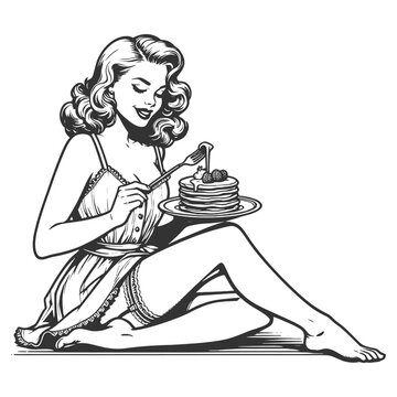pin-up girl with delicious stack of pancakes sketch engraving generative ai fictional character vector illustration. Scratch board imitation. Black and white image.