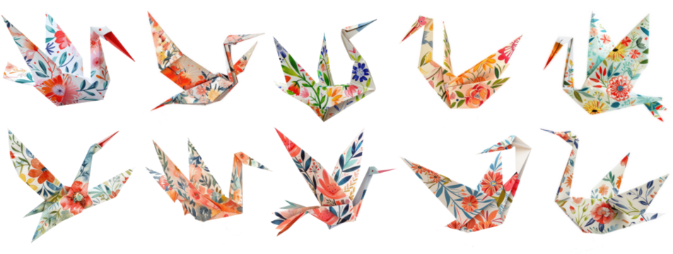A set of origami cranes made in national Japanese patterns.