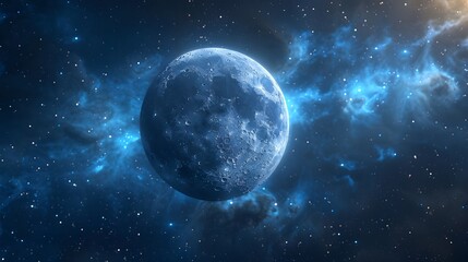 Moon looking blue in space. 3D scene created and modelled in Adobe After Effects and the planet textures are taken from Solar System Scope Ai generated 