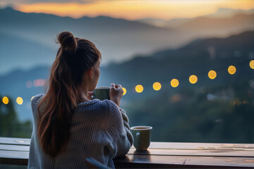 Lonely woman drinking coffee and watching sunset over mountain landscape, photography, art, travel, exterior, romanticism - obrazy, fototapety, plakaty