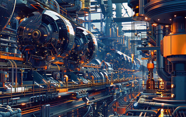 Futuristic industrial scene with large machinery and pipes in blue and orange colors conveying a sense of power and efficiency, digital art, interior, steampunk. - obrazy, fototapety, plakaty