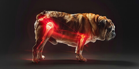 Canine Hip Dysplasia: The Hip Pain and Difficulty Rising - Visualize a dog with highlighted hip joints showing malformation, experiencing hip pain and difficulty rising