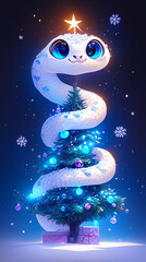 A white snake is standing on top of a Christmas tree. The tree is decorated with blue lights and a star