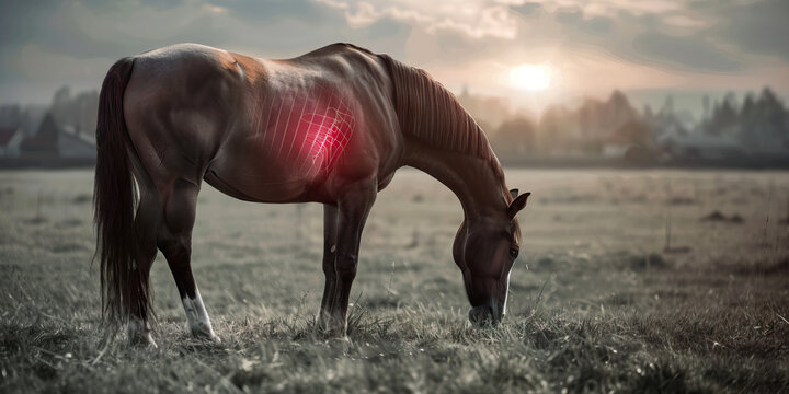 Equine Colic: The Abdominal Pain and Rolling - Picture a horse with highlighted abdomen showing digestive issues, experiencing abdominal pain and rolling
