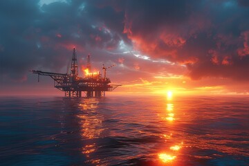 Witness the industrial marvel of an offshore oil rig drilling platform in the North Sea at dusk, featuring oil and gas production facilities harmonizing with the marine environment