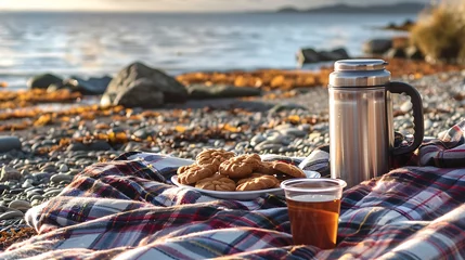 Poster Picnic on a sunny morning on the beach a thermos with hot tea and homemade ginger cookies on a plaid blanket © Emma