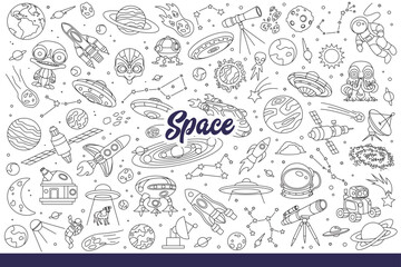 Space crafts and rockets roaming galaxy in search of aliens from different planets. Spaceships explore space and universe with stars, traveling in orbit on exploration mission. Hand drawn doodle