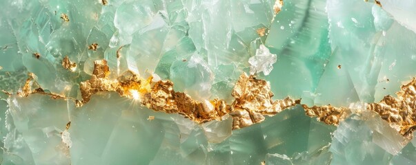 close-up of mint-colored crystal with gold veins. - obrazy, fototapety, plakaty
