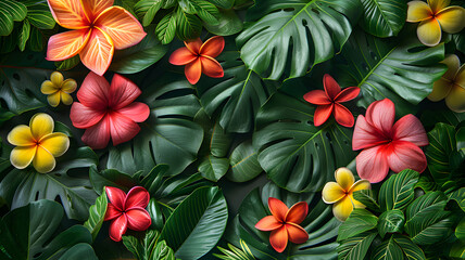 A tropical and botanical houseplant leaf, a splash of bright orange and yellow to the natural scene