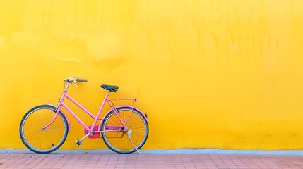pink retro bike supported on a colorful yellow wall concept of active lifestyle and sustainable...