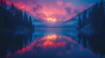 A secluded mountain lake at sunrise, using long exposure to capture the smoothness of the water and the vibrant colors of the sky