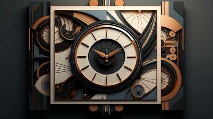 Abstract Art Deco wall clock in clean 3D isolation.